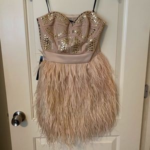 NWT Bebe feather strapless dress